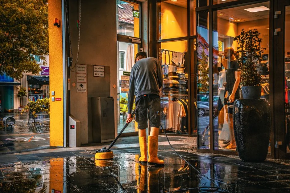 A man in a blue t-shirt cleaning large glass pane with a squeegee indoors.